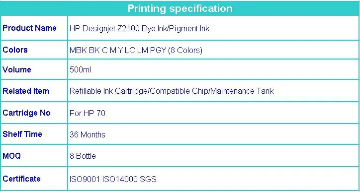 Winnerjet 70 объемные чернила для hp Designjet Z2100 пигментные чернила- 500 мл каждого цвета