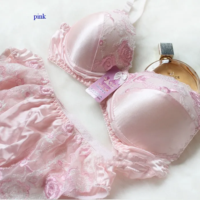 100% silk fresh lace embroidery bra set,100% natural silk bra&brief sets,pure silk double faced health underwear with wire plus size bra and panty sets