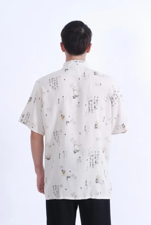 Шанхай история горячая распродажа мужские льняные рубашки традиционная китайская рубашка бамбуковые листья печать Тан Топ Мандарин воротник рубашка