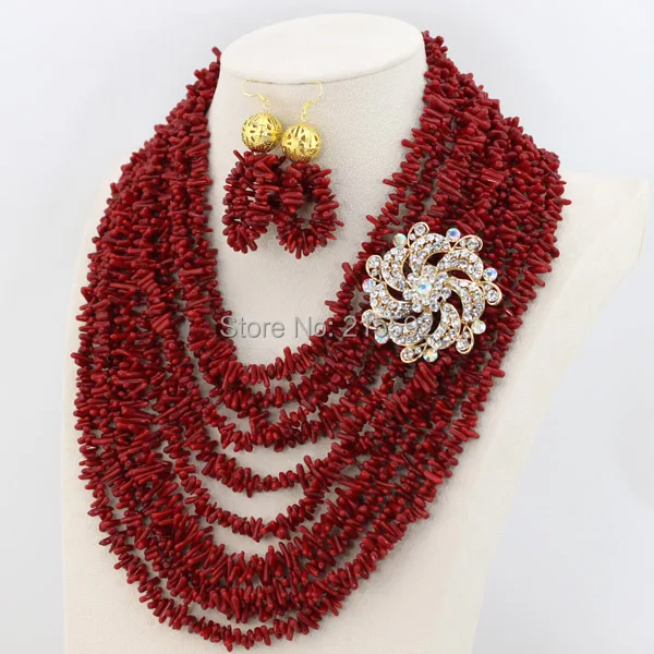 Rhinestone Цветок Африки Ювелирные наборы 10 рядов коралловый комплект ювелирных изделий Красный Свадебные невесты Цепочки и ожерелья комплект