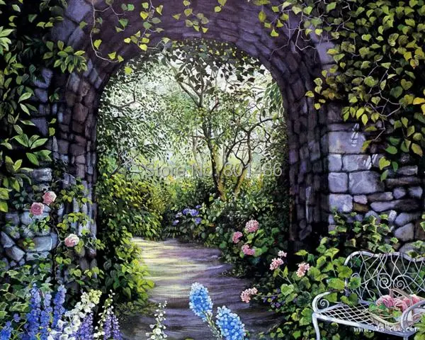 Stone Arches On Canvas Printed Painting Of Realistic Garden Wall