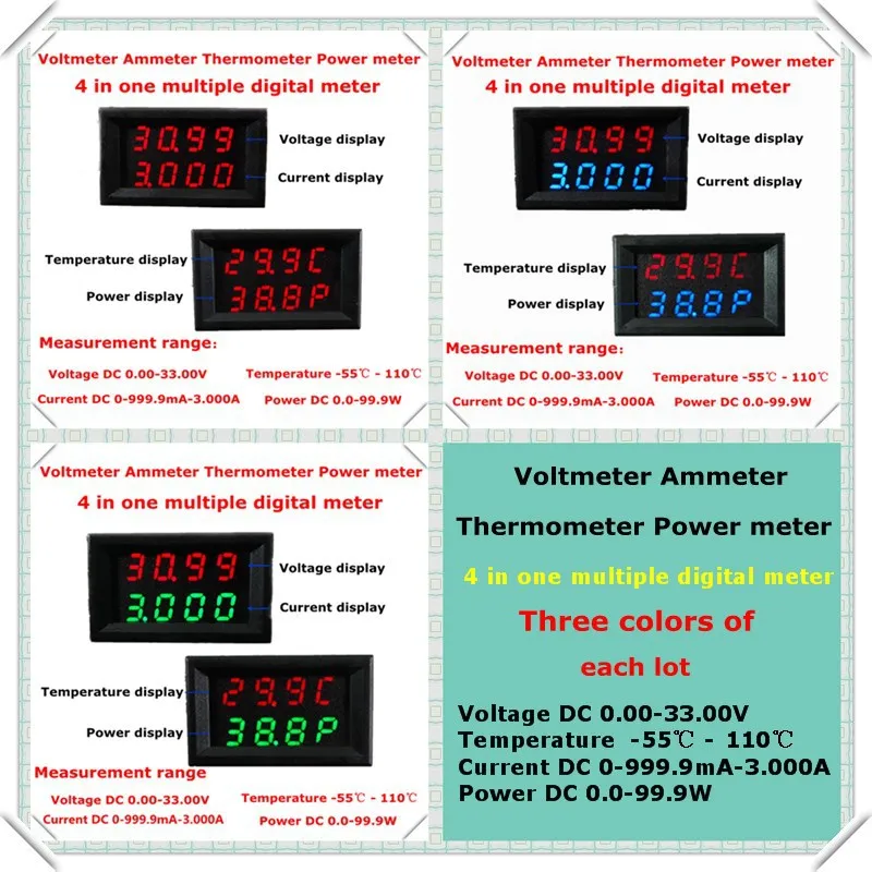 RD зеленый/синий/красный+ красный двойной светодиодный 4 в 1 0,28 термометр измеритель мощности амперметр вольтметр напряжение тока DC 0-33,0 в/3 А [3 шт./партия]