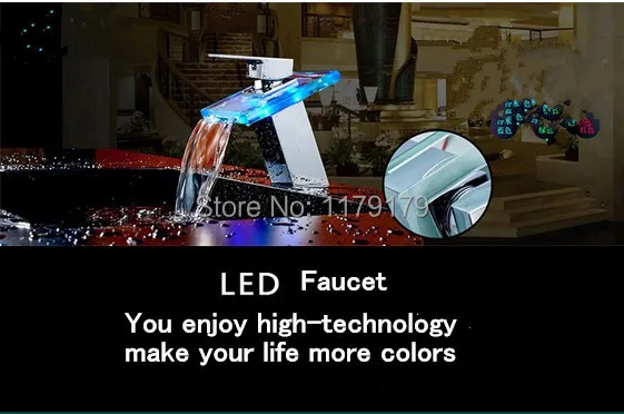 LED бассейна LED 3 вида цветов Водопад кран холодной и горячей кран, медь хром отделки кран