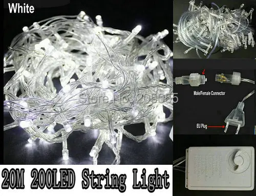 20 м 200LED Рождественская гирлянда свет Регулируемый контроллер функции памяти с хвостовым штекером женский и мужской разъем 220v-белый