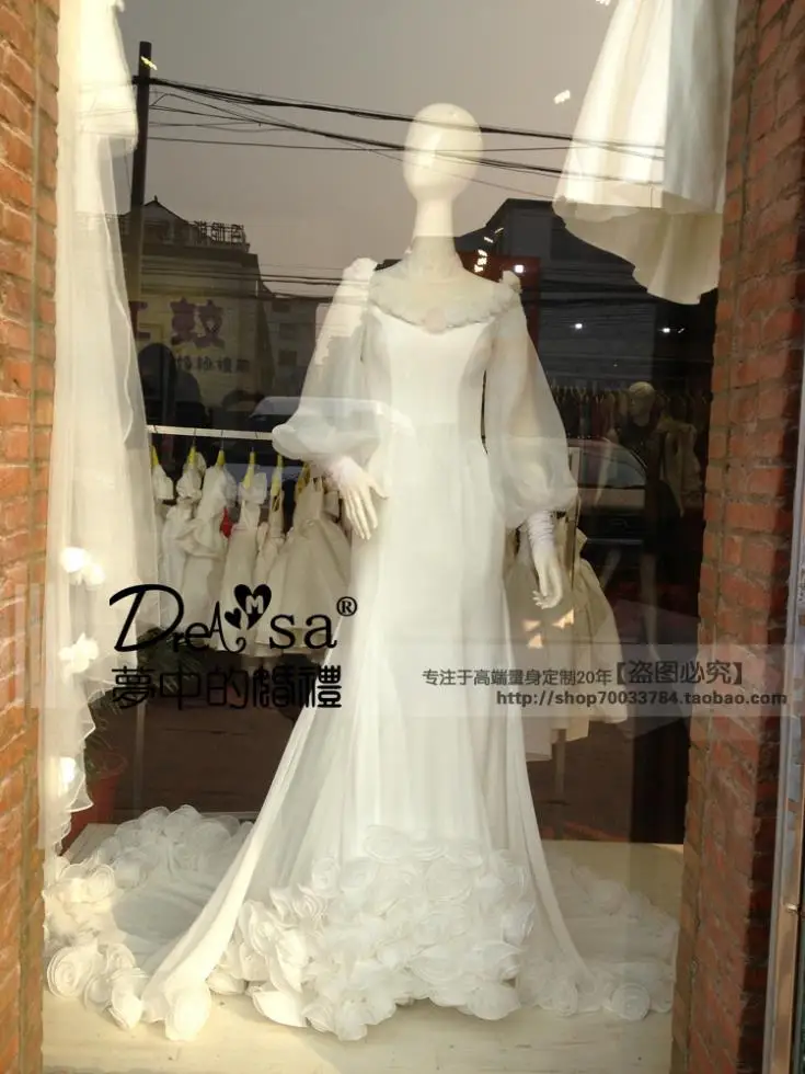 2018 Мода невесты Длинные vestidos формальные высокое средства ухода за кожей шеи с длинным рукавом свадебное платье Цветы на заказ Русалка