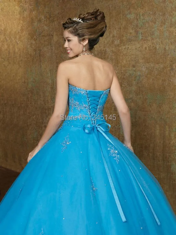 Дизайн Бальные Платья Милая Quinceanera Платья Развертки Поезд Синий Органзы Аппликации Скидка Quinceanera Платья