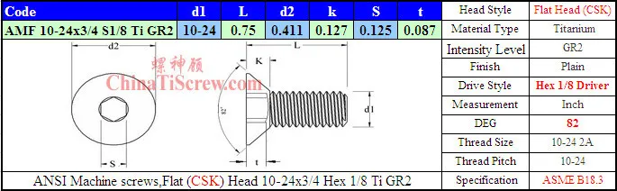Титан винты 10-24x3/4 Плоский цск глава hex 1/8 driverti gr2 полированная 50 шт