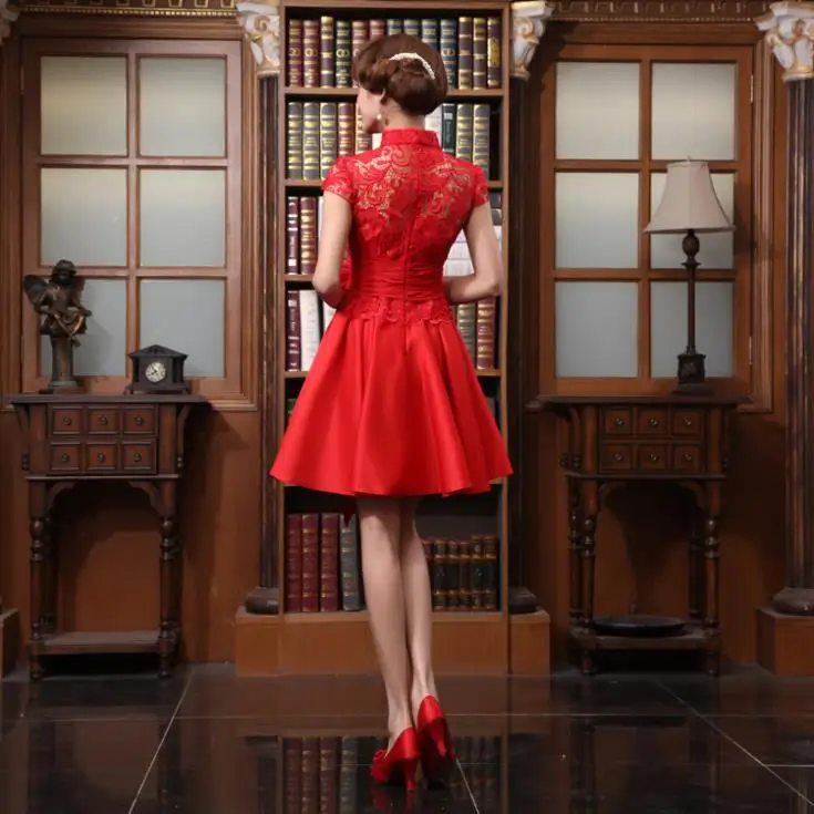 Бесплатная доставка, вечерние платья cheongsam с цветочным рисунком, новинка 2015, Модные Винтажные Красные кружевные короткие платья подружки