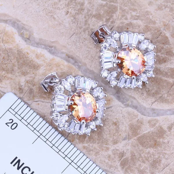 Шампанское Morganite Белый CZ Серебряные комплекты ювелирных изделий Серьги кулон кольцо для Для женщин Размеры 5.5/8/9 S0031