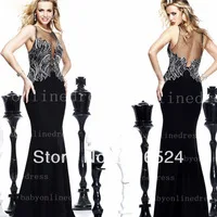 New arrival 2014 evening dress scoop neck see through back beaded black sexy mermiad Long evening Prom party dresses BO1098