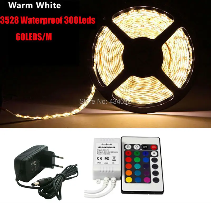 Водонепроницаемый 5 м SMD3528 300 60leds/m один Цвет белый гибкие светодиодные полосы+ 24key ИК-пульт+ 12 В 2A Мощность