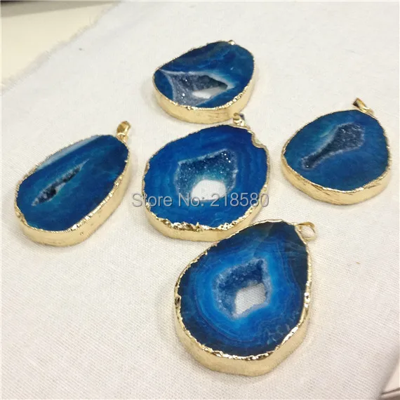 SP-039 синий создан Агаты Кусочек Geode подвеска с Золотой слоистых и залог
