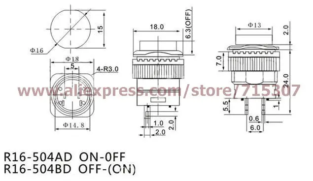 PHISCALE 20pcs кнопочный переключатель R16-504BD 16 мм квадратной формы без блокировки с желтым светом 250 В 3A 4 контакта