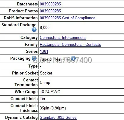 0039000285 терм женский 18-24AWG обжимной Олово 3900-0285 MOLEX Соединители Клеммы корпуса новые и оригинальные части 39-00-0285
