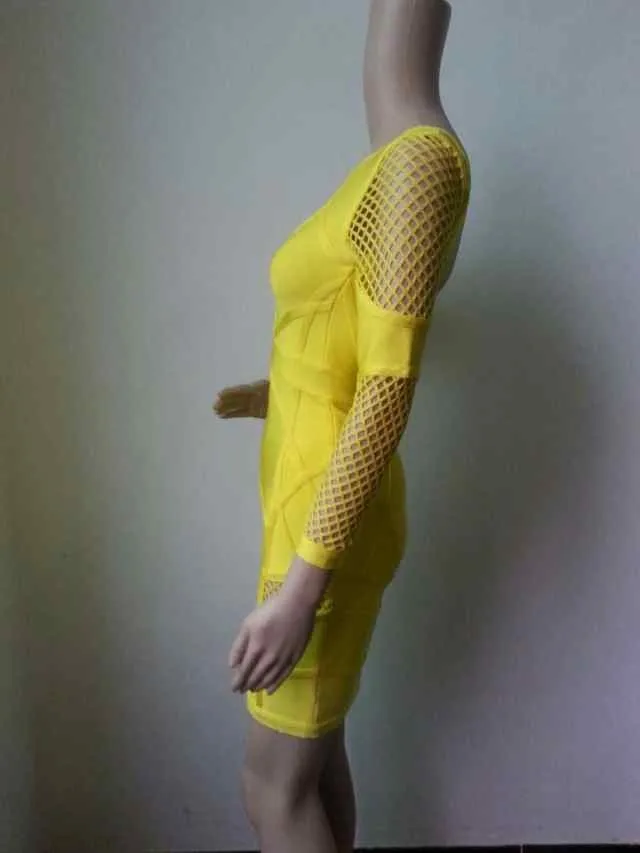 С длинным рукавом выдалбливают спинки пикантные Для женщин Сетчатое облегающее облегающее Бандажное платье цвет желтый, синий; размеры 34–43 бежевый и черный цвета