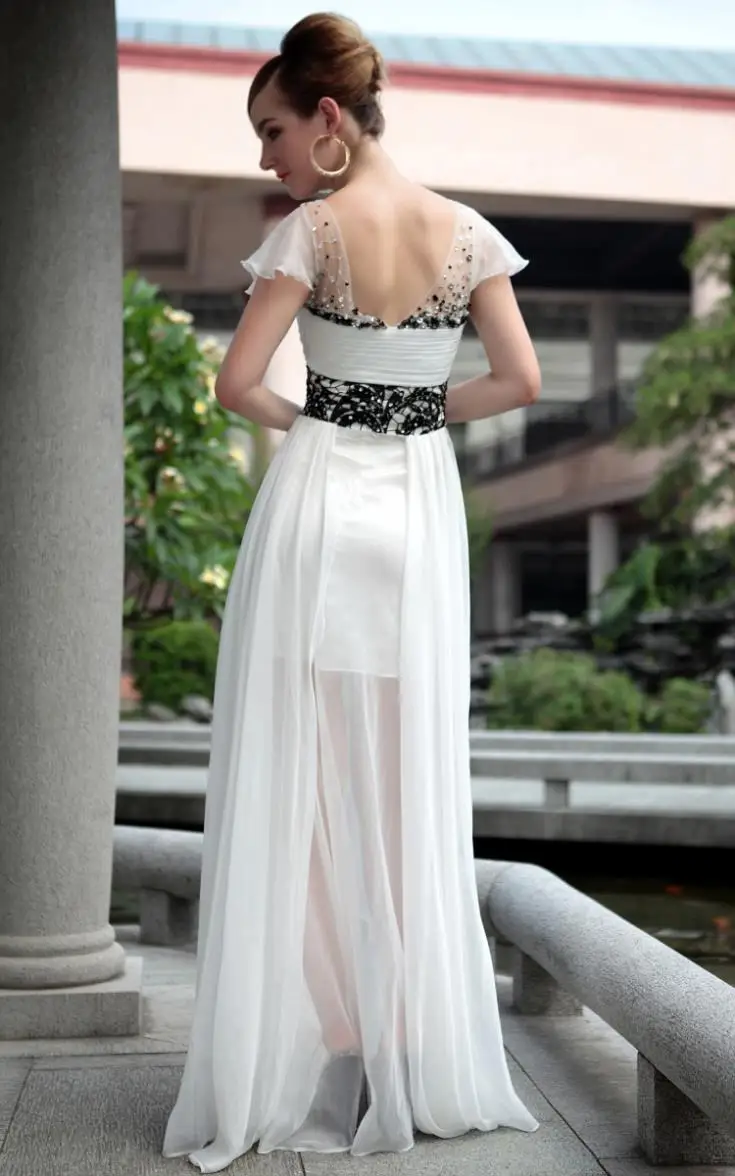 Белый шифон кружева cap рукавом vestidos formales сексуальные платья макси длинные платья партии Выпускные Платья