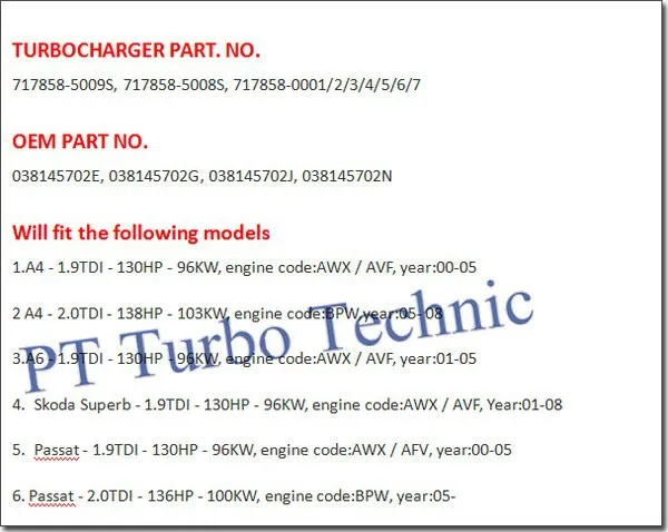 Турбонагнетатель GT1749V 717858 717858-5009S 038145702 г для Audi A4 A6 1.9TDI 2.0TDI Skoda Superb I VW Passat B5 B6 1.9TDI 2.0TDI