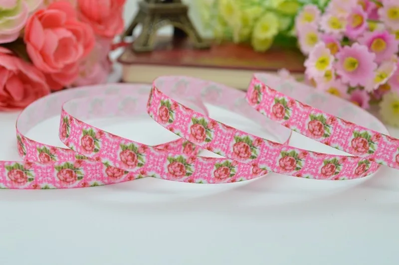 50Y duwes 3/" 9 мм розовый с цветочным принтом полушерстяной лентой, hairbow DIY ручной одежды материалы оптом OEM