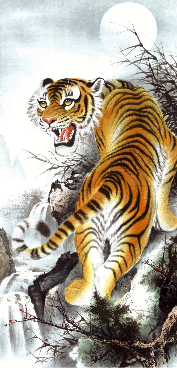Высокое качество большие настенные изображение реалистичным Tiger китайской живописи шелк прокрутки Домашний Декор Животные Книги по