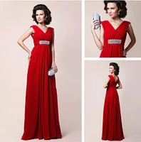 Elegant V Neck Beading Waist Chiffon Long Red Bridemaid Dresses 2013 Free Shipping BD8036