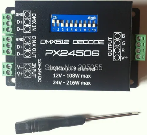 Px24506 DMX512 декодер драйвера контроллера Усилители домашние RGB Светодиодные ленты свет DC12V/24 В max.3a/CH Выход 9a светодиодные лампы драйвер контроллера