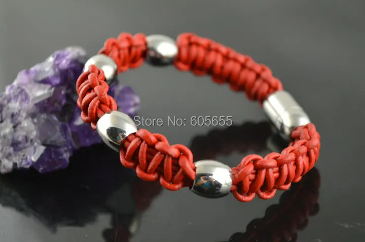 Красный Плели из натуральной кожи шнур толщиной Модные женские Браслеты Jewelry Нержавеющая сталь магнитная застежка
