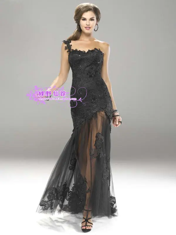 Мода черный одно плечо свадебные платья formales макси платье долго дизайн кружева сексуальный костюм синий пром платья