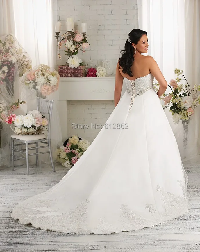 Strapless A Line Long Train Lace Plus Size Wedding Dress In