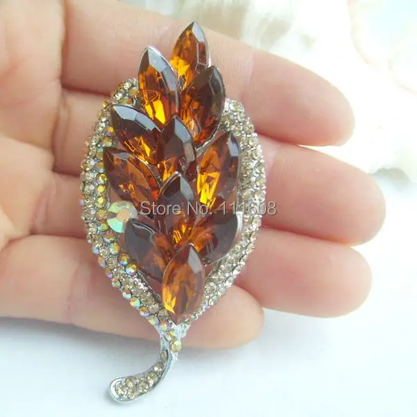 Серебряный тон брошь с букетом коричневый с кристаллами лист со стразами брошка заколка медальон EE05963C3