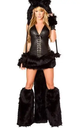Популярный пушистый костюм животного 3S1103 роскошный корсет с черной кошкой взрослый костюм кошки девушки косплей костюм