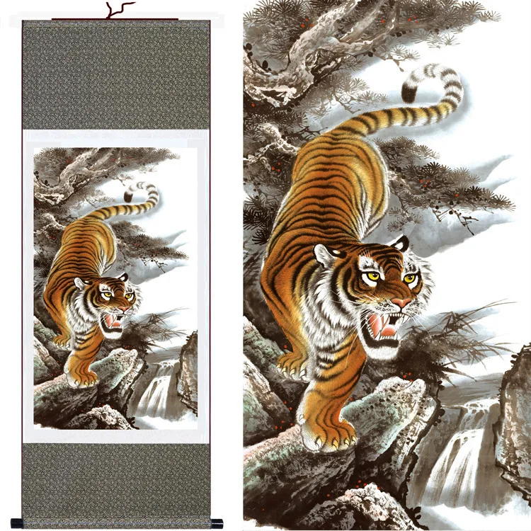 2016 Новинка! Большие настенные изображение реалистичным Tiger китайской живописи шелк прокрутки для Домашний Декор Животные Книги по