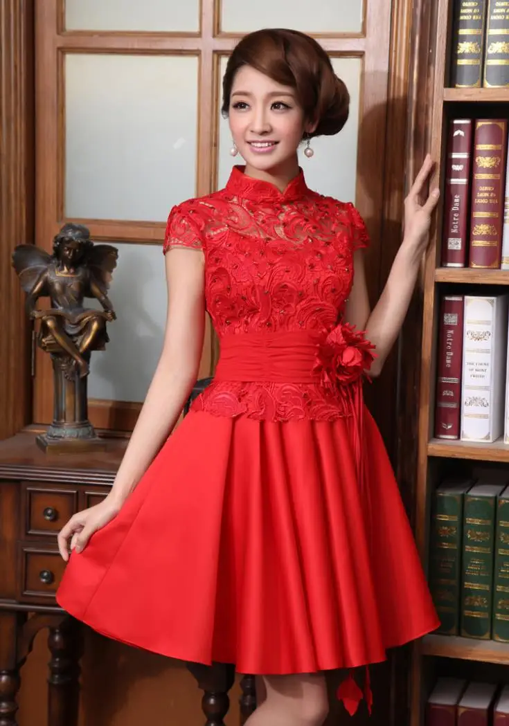 Бесплатная доставка, вечерние платья cheongsam с цветочным рисунком, новинка 2015, Модные Винтажные Красные кружевные короткие платья подружки