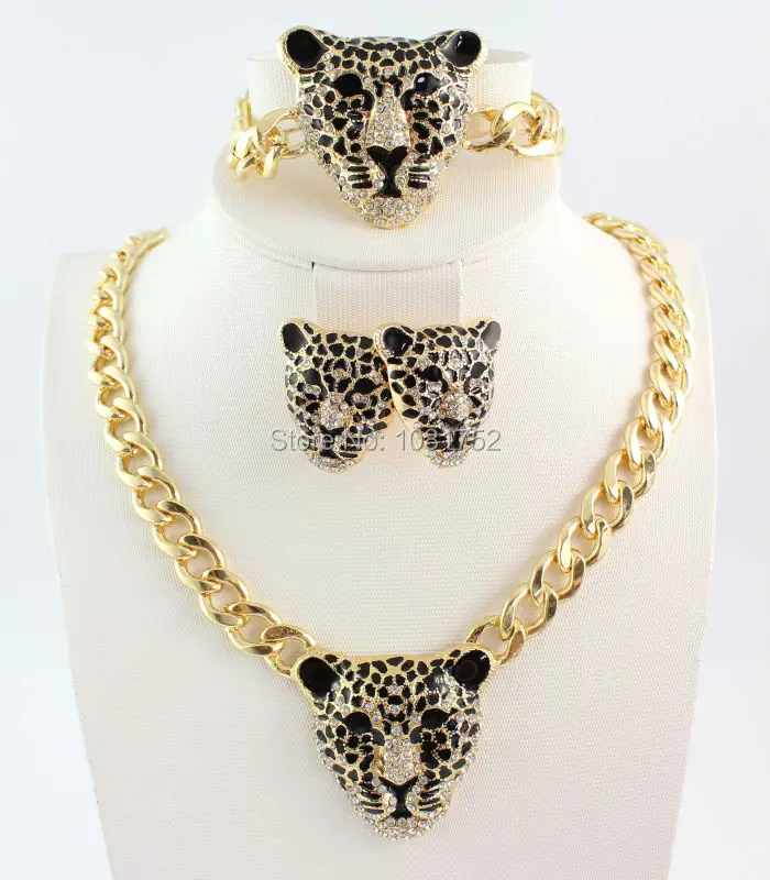 Новая мода Золотой Цвет Черный эмалированная подвеска с леопардом эффектное ожерелье Brecelet серьги комплект ювелирных изделий