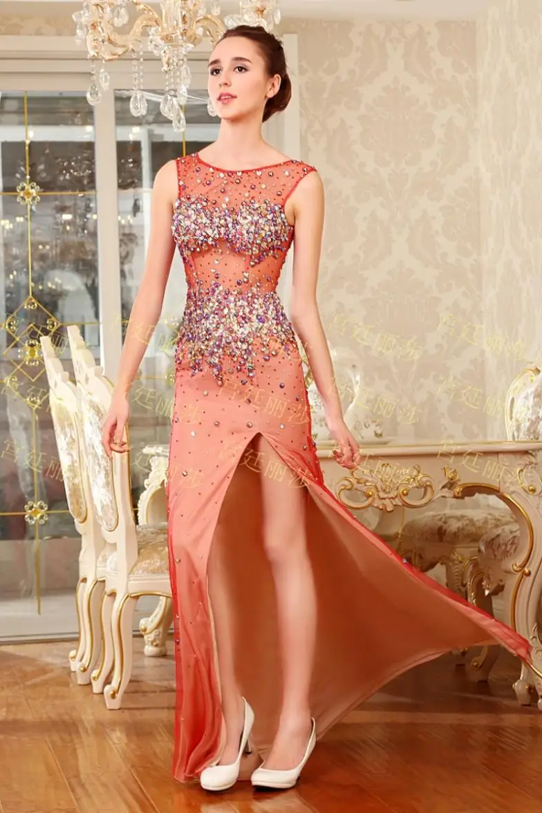 Роскошный кристалл rhinestone свадебные платья формальные невесты красный длинные сексуальные вечерние платья партии платья пром платья
