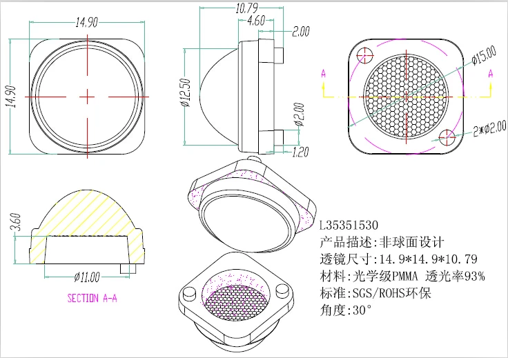 CVH-14.9 Led объектив, Размеры: 14,9X14,9X10,79 мм, 30 градусов, Температура:-30 до+ 98, бисера поверхности, ПММА материалы