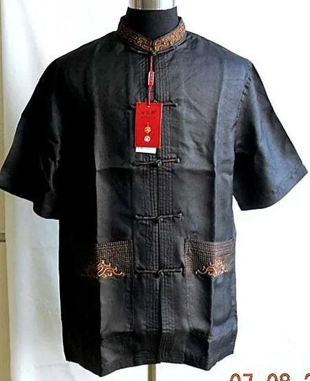 Летняя черная Китайская традиционная шелковая мужская рубашка для кунг-фу топ с короткими рукавами Размер S до XXXL YF1154