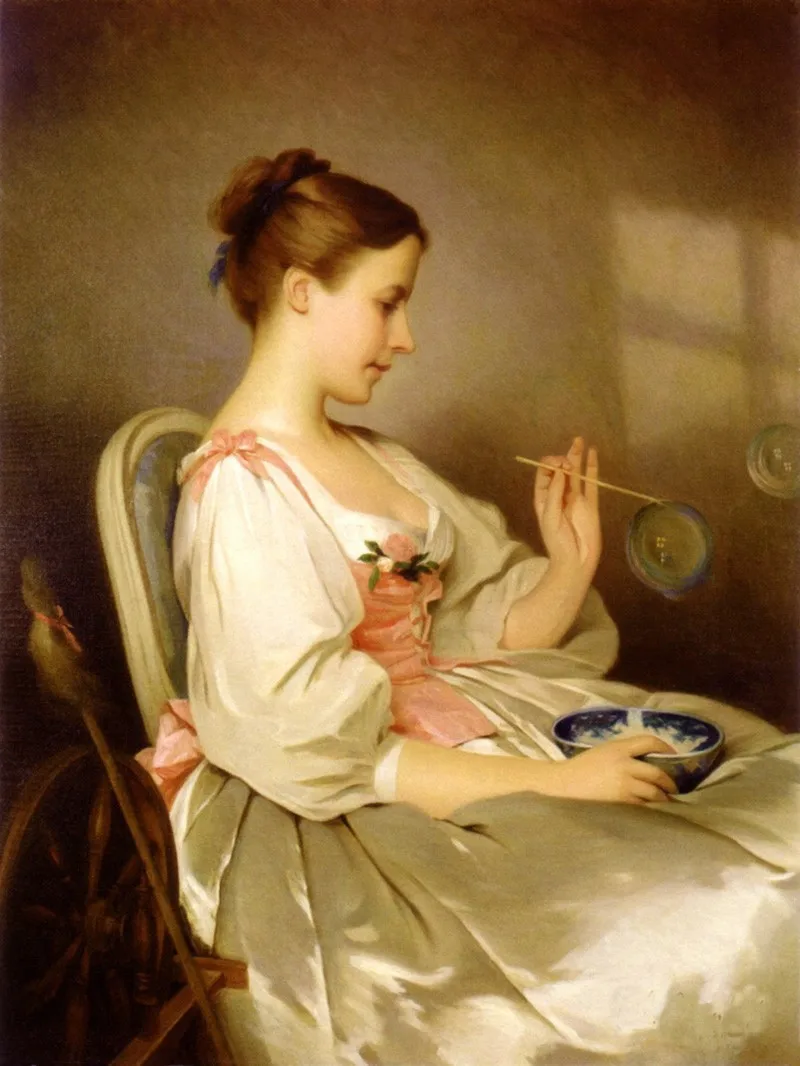Old Master Art Antique Portraits Oil Painting Girl Blowing Bubbles