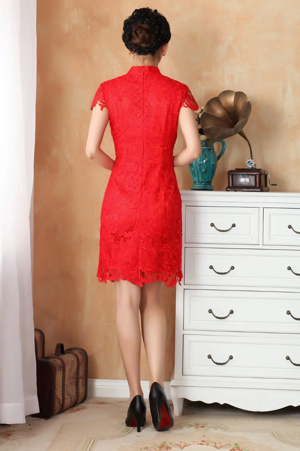 Шанхай история cheongsam для продажи вечернее платье в традиционном китайском стиле сексуальное кружевное платье Летнее красное короткое платье 2365-3