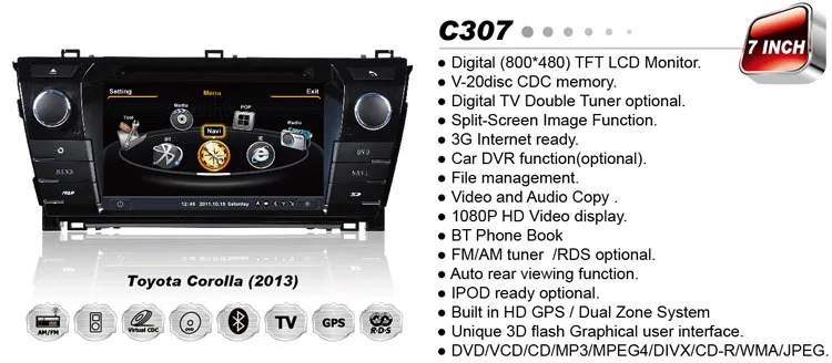 Excellent S100 A8 Dual Core 1080P Car DVD GPS Player for Toyota Corolla 2013 on with canbus Support Steering Wheel Control TMC TPMS(opt) 1 Excellent S100 A8 Dual Core 1080P Car DVD GPS Player for Toyota Corolla 2013 on with canbus Support Steering Wheel Control TMC TPMS(opt) 1