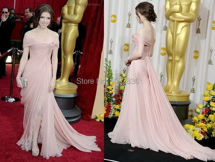 Free Shipping Real Pictures Oscar Red Carpet Fashion Classical Off Shoulder Front Slit Pink Chiffon Celebrity Dress.jpg