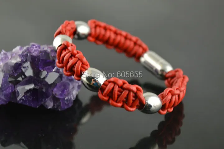 Красный Плели из натуральной кожи шнур толщиной Модные женские Браслеты Jewelry Нержавеющая сталь магнитная застежка