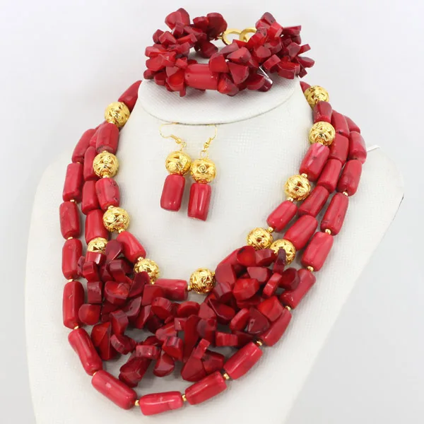 Замечательный Африканский коралловый Бусины Jewelry африканском стиле красного цвета, комплект из Ювелирные наборы мода в нигерийском стиле