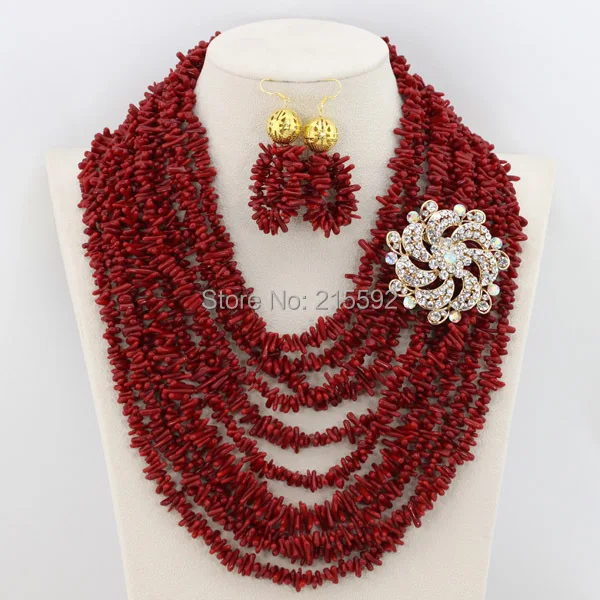 Rhinestone Цветок Африки Ювелирные наборы 10 рядов коралловый комплект ювелирных изделий Красный Свадебные невесты Цепочки и ожерелья комплект