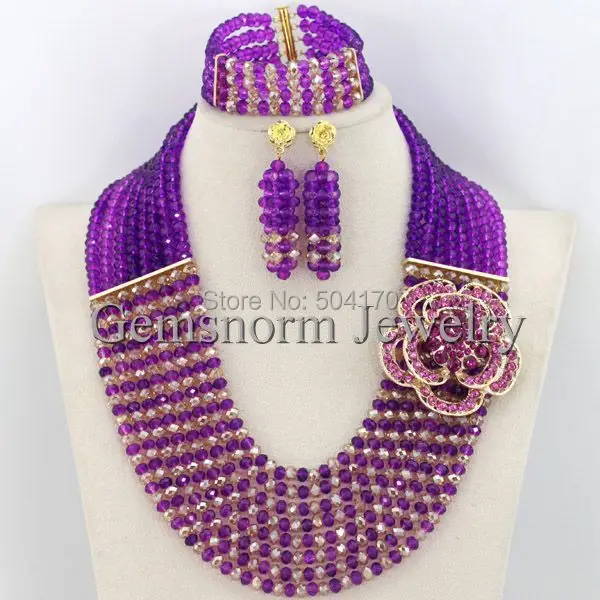 Африканский Кристалл Бусины Jewelry Set оптом модные фиолетовый/золото нигерийской свадьбы Бусины комплект ювелирных изделий Бесплатная