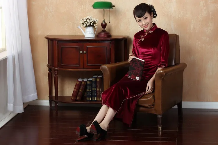 Шанхай история изысканный Китай Стиль Cheongsam платье, Женская мода осень Вышивка зимнее платье бархатное платье Qipao T0001