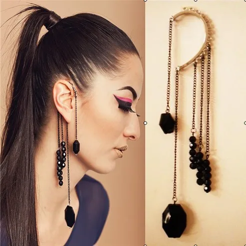 Europe America Retro Clip Earrings Without Piercing Exaggerate Europe America Retro Clip Earrings Without Piercing Exaggerate Black Acrylic Beads Cuff Tel Chains