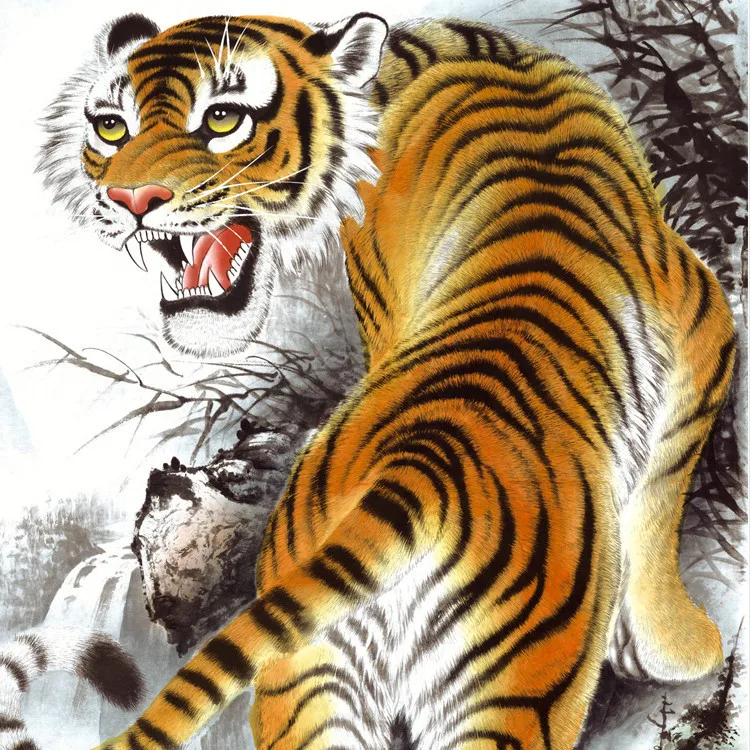 Высокое качество большие настенные изображение реалистичным Tiger китайской живописи шелк прокрутки Домашний Декор Животные Книги по