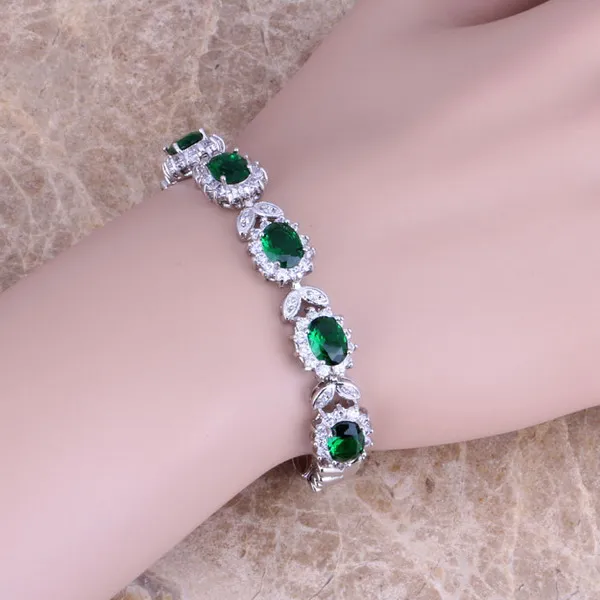 Silky Green Cubic Zirconia White Cz 925 Sterling Silver Link Chain S0401
