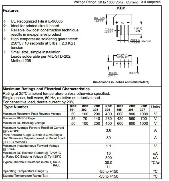 KBP307 выпрямительный мост/мост куча 3A 700 В/Напряжение от 50 до 1000 Вольт ток 3 Ампер выпрямительный мост