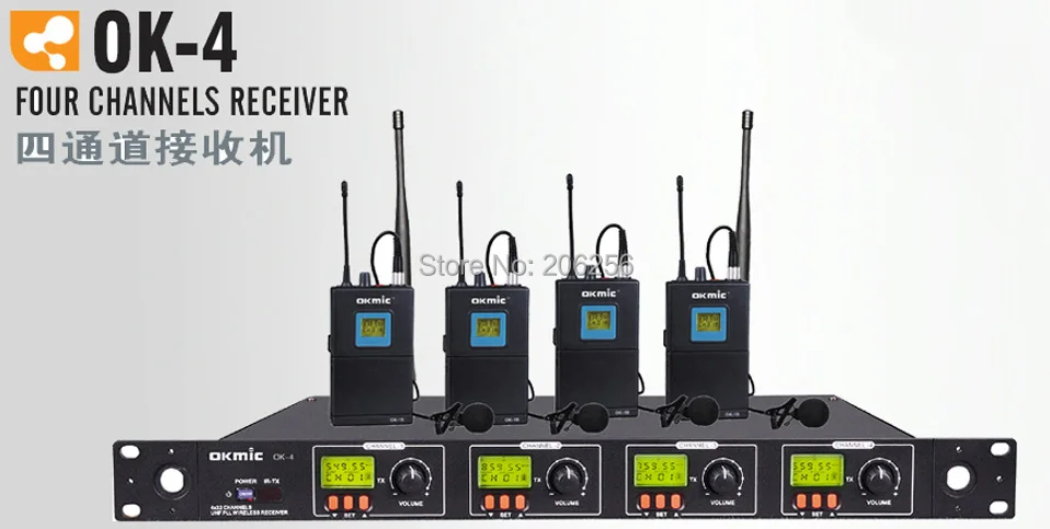 Горячая лацкане микрофон OK-4/1b professional UHF lavalier четыре канала Беспроводная система 4 канала многоканальный кузов беспроводные микрофоны